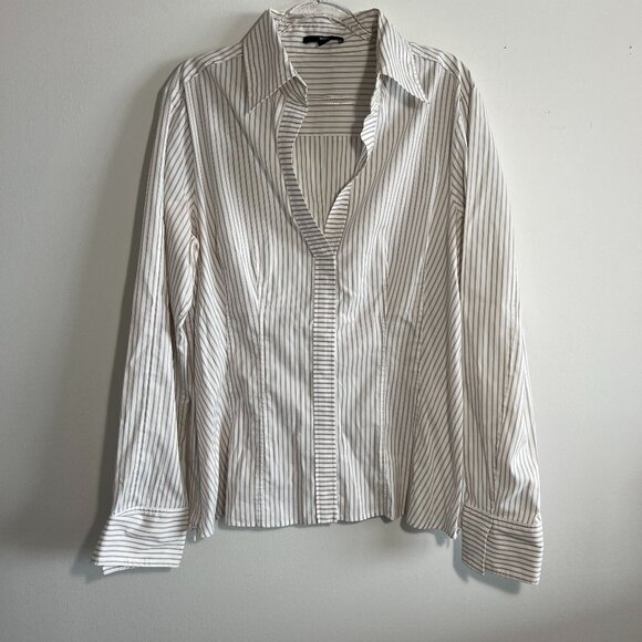 Hugo Boss, Women's Bashina Blouse, white/grey stripe, collar, long sleeve, sz 12 - Picture 1 of 13